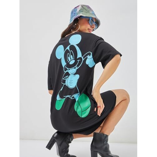 Bewakoof Official Disney Merchandise Women's Graphic Print Oversized Fit Half Sleeve Round Neck Cotton Jersey T-Shirt Dress 603340 Black Xs