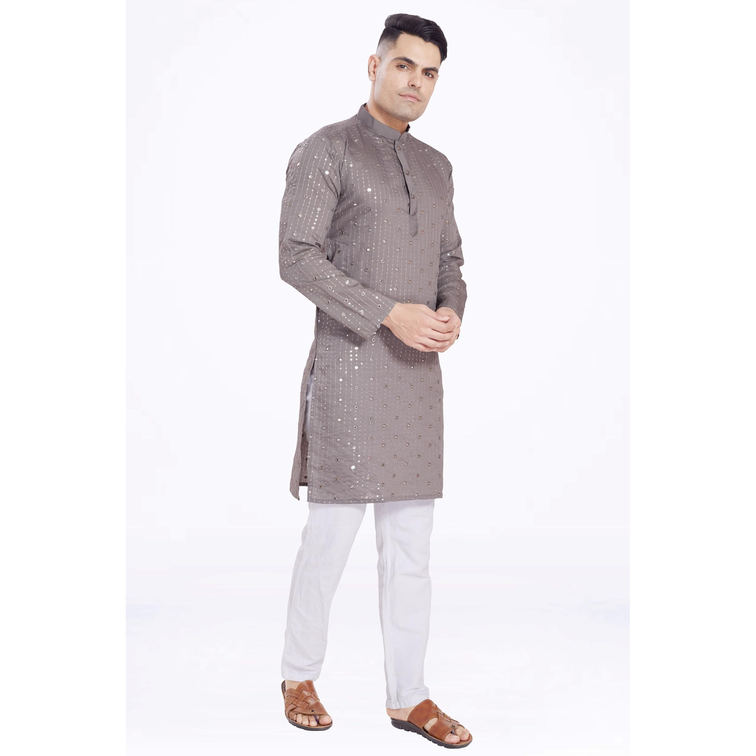 Divisive Men's Sequince Mirror Embroidered Cotton Silk Blend Only Slim Fit Kurta (Dkrt178_Xxl_Grey)