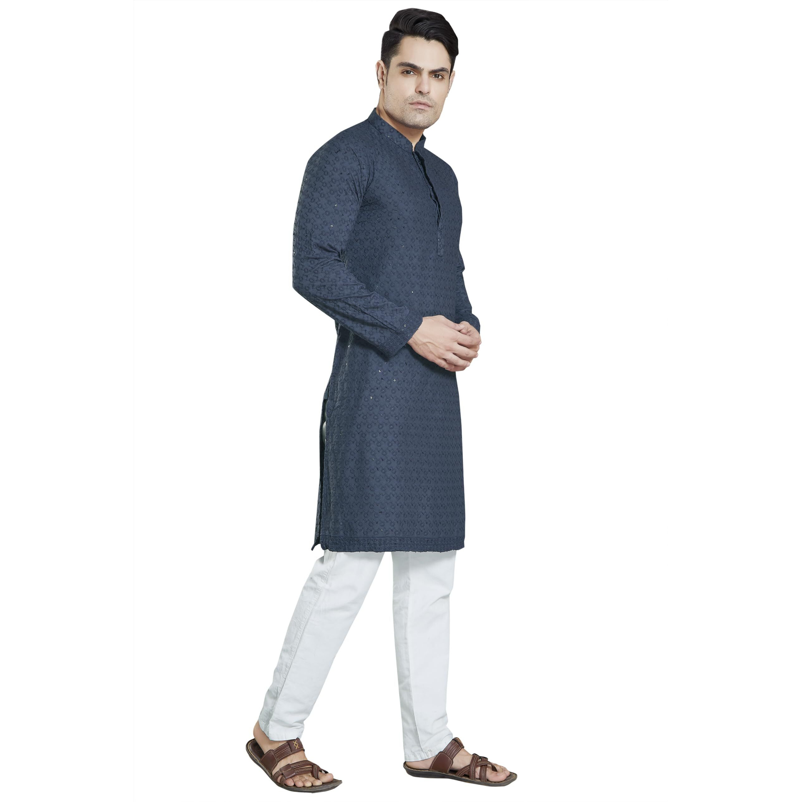 Divisive Men's Sequince Embroidered Cotton Blend Only Slim Fit Kurta (Dkrt13_L_Dark Grey)