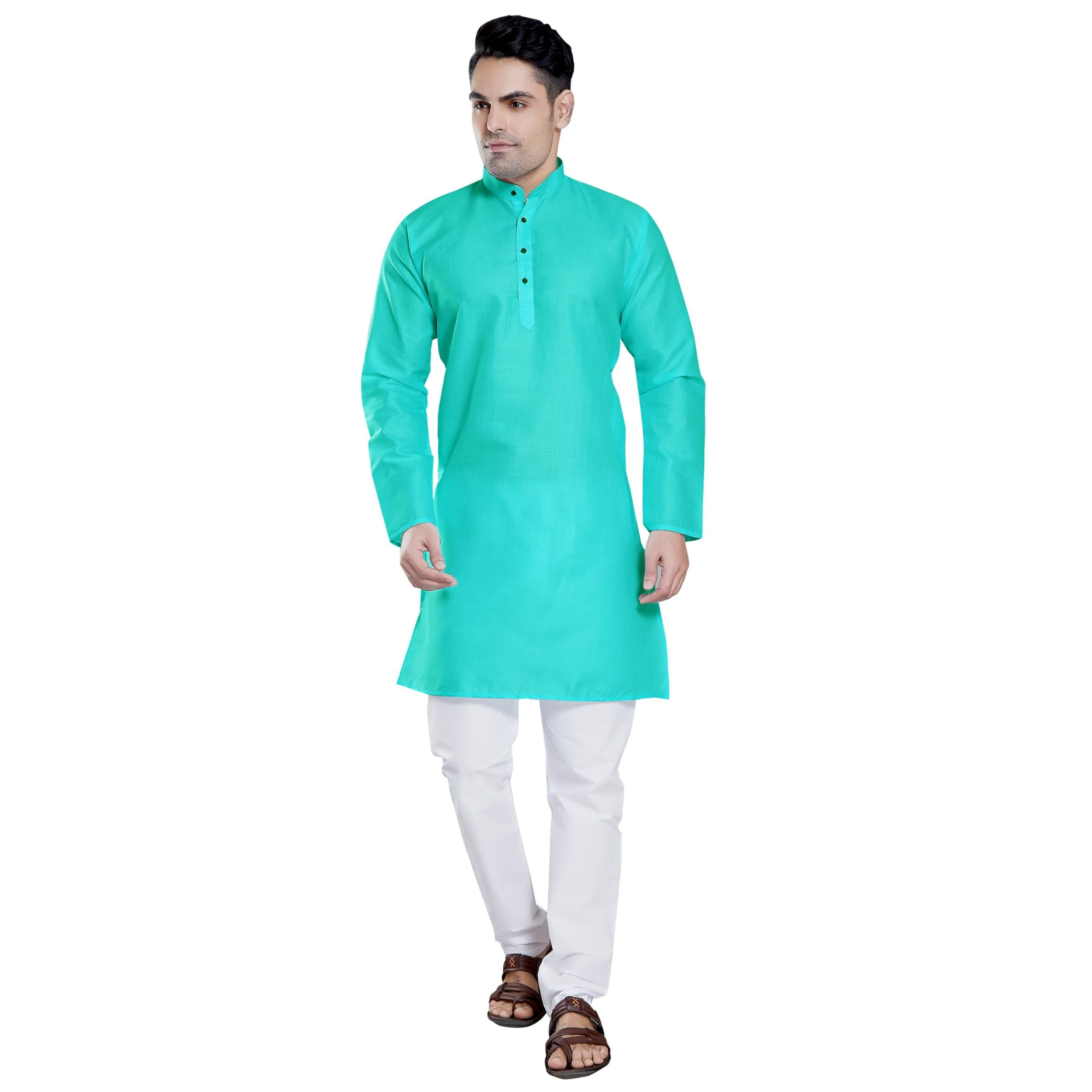 Divisive Men's Plain Cotton Blend Linen Slim Fit Kurta Pyjama Set (Dkrt54_L_C Green)