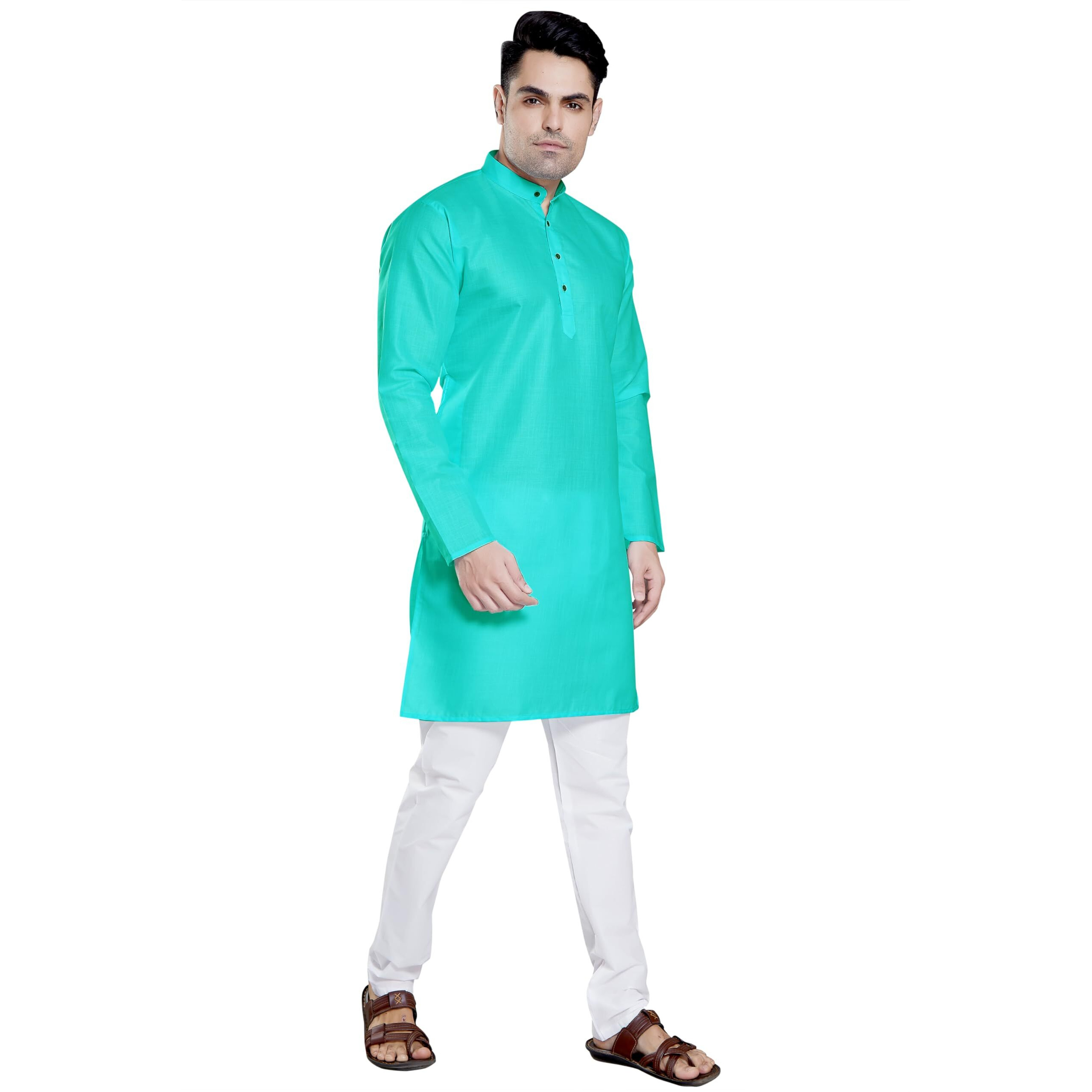 Divisive Men's Plain Cotton Blend Linen Slim Fit Kurta Pyjama Set (Dkrt54_L_C Green)