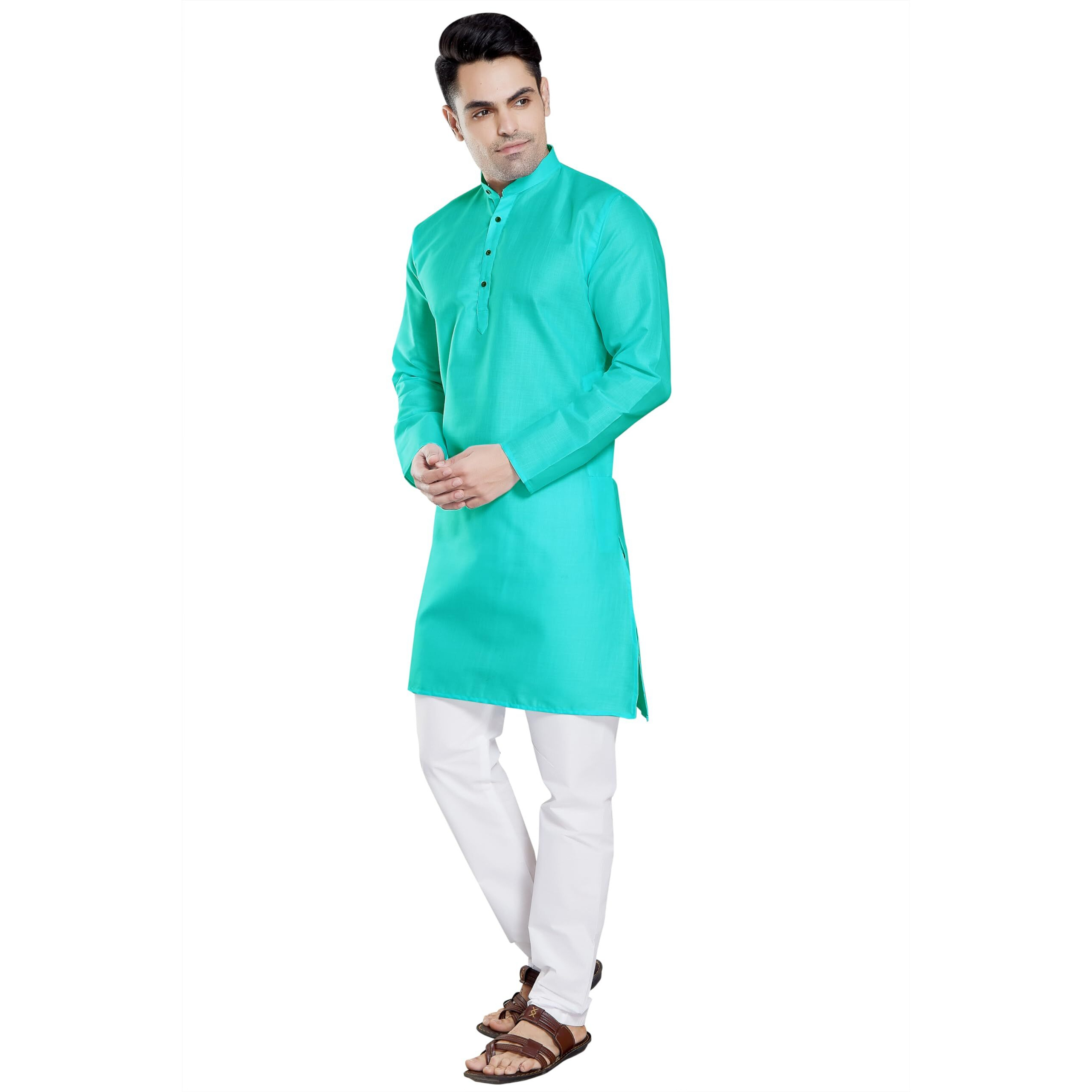 Divisive Men's Plain Cotton Blend Linen Slim Fit Kurta Pyjama Set (Dkrt54_L_C Green)