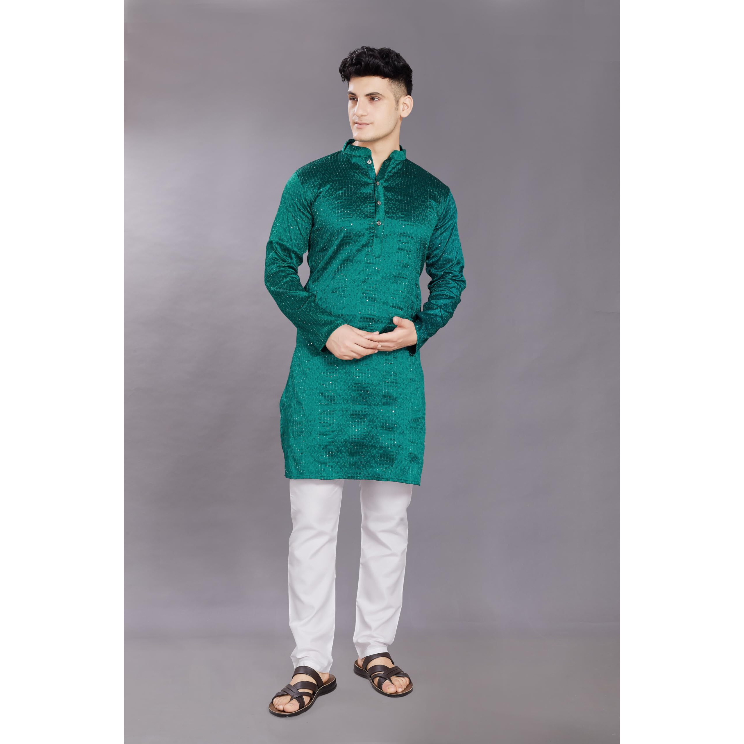Divisive Men's Jequard Embroidered Art Silk Slim Fit Only Kurta (Dkrt427_S_Turquoise)
