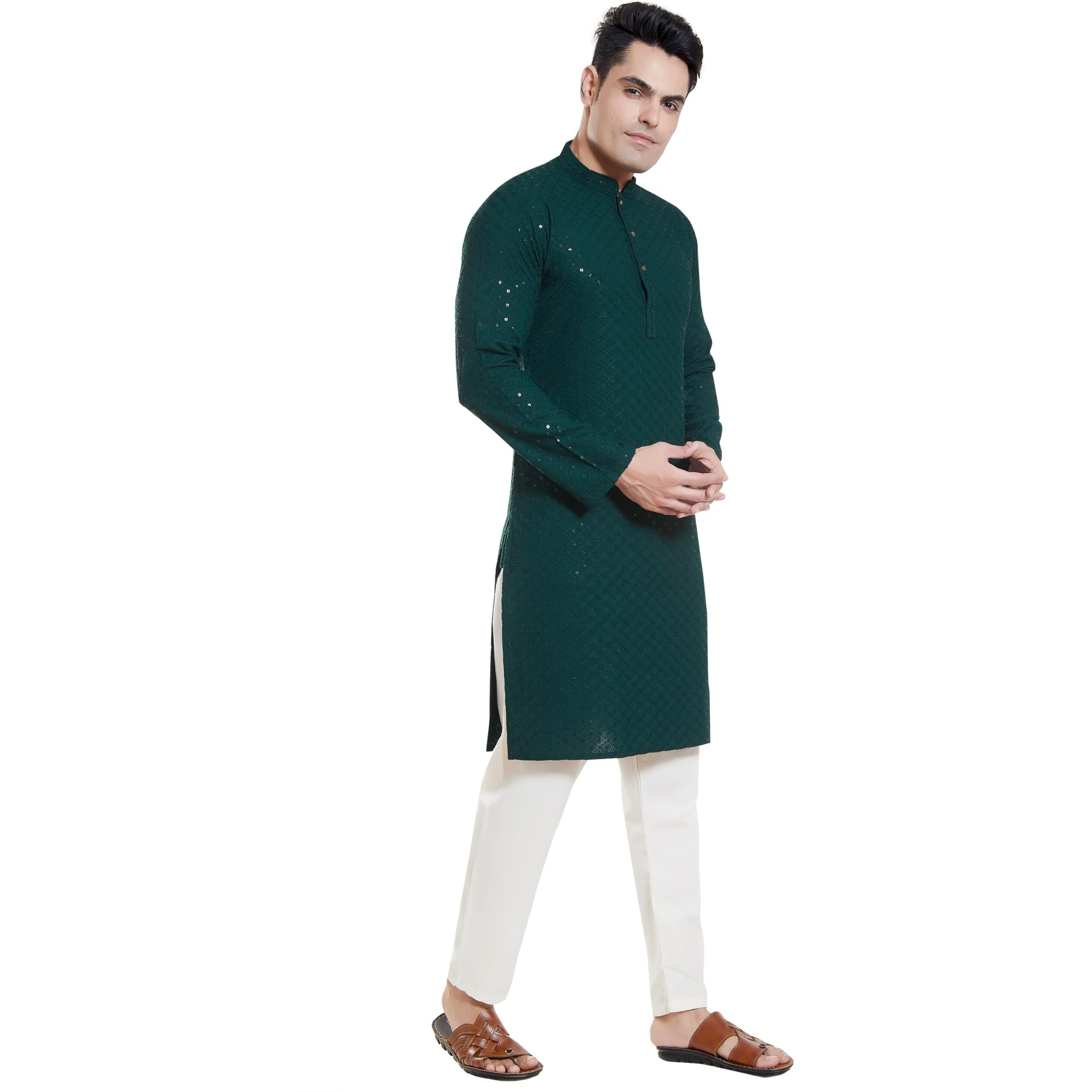 Divisive Men's Sequince Embroidered Cotton Blend Slim Fit Kurta Pyjama Set (Dkrt156_Xxxl_Bottle Green)