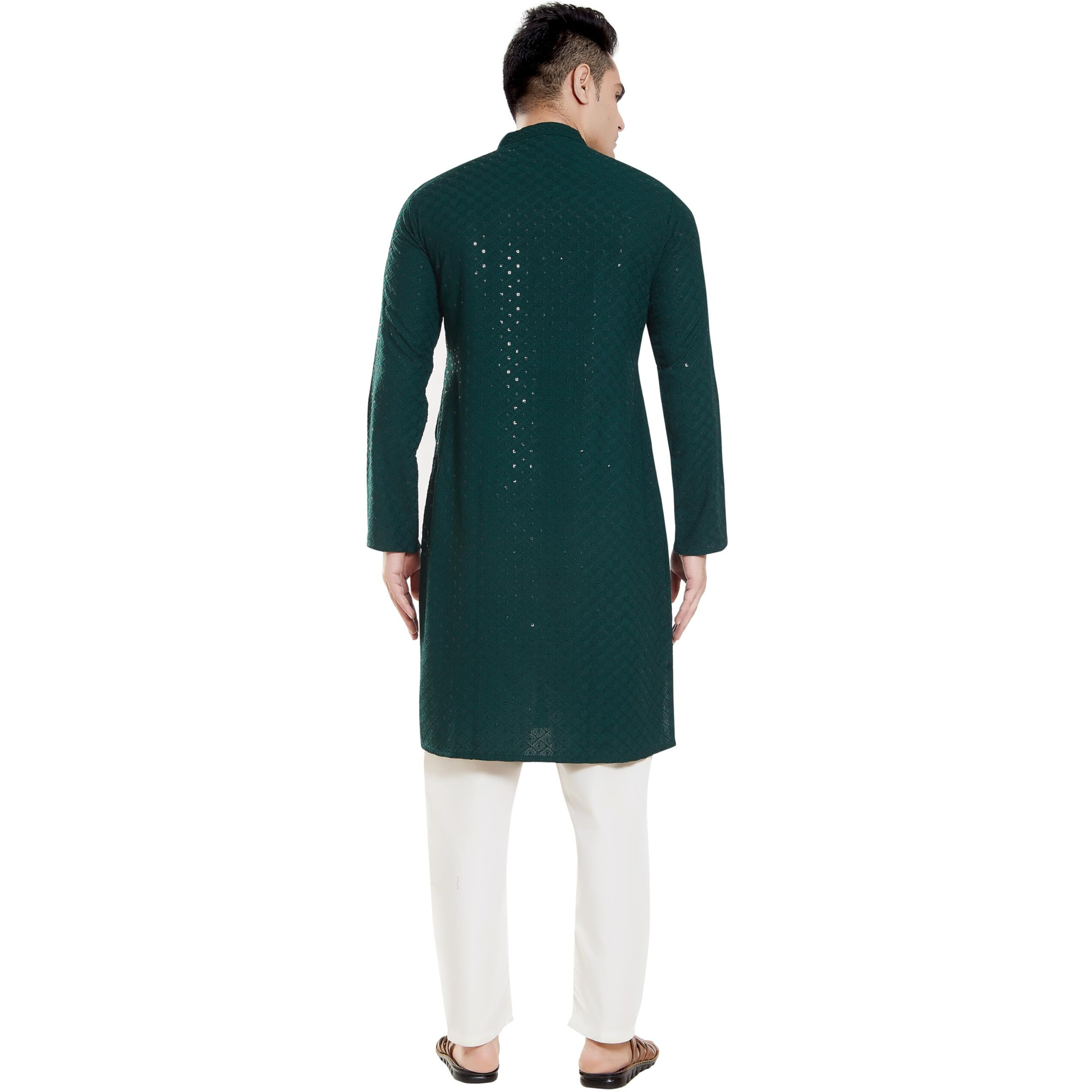 Divisive Men's Sequince Embroidered Cotton Blend Slim Fit Kurta Pyjama Set (Dkrt156_Xxxl_Bottle Green)