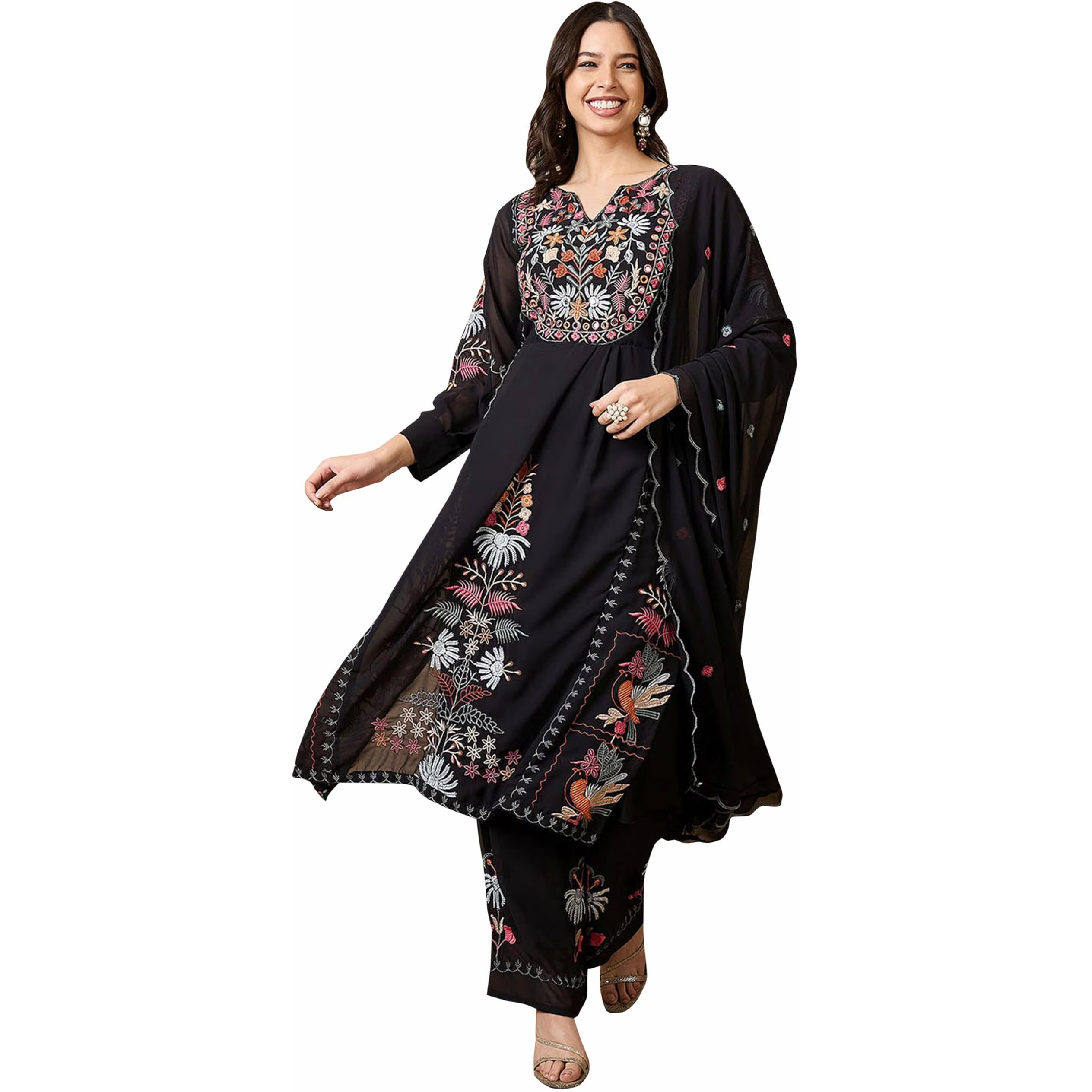 Fashion Basket Georgette Straight Floral Plazzo Kurta Set Black