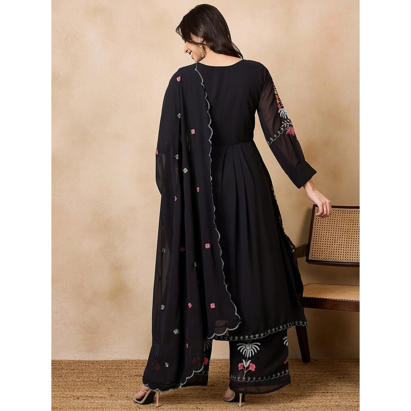Fashion Basket Georgette Straight Floral Plazzo Kurta Set Black