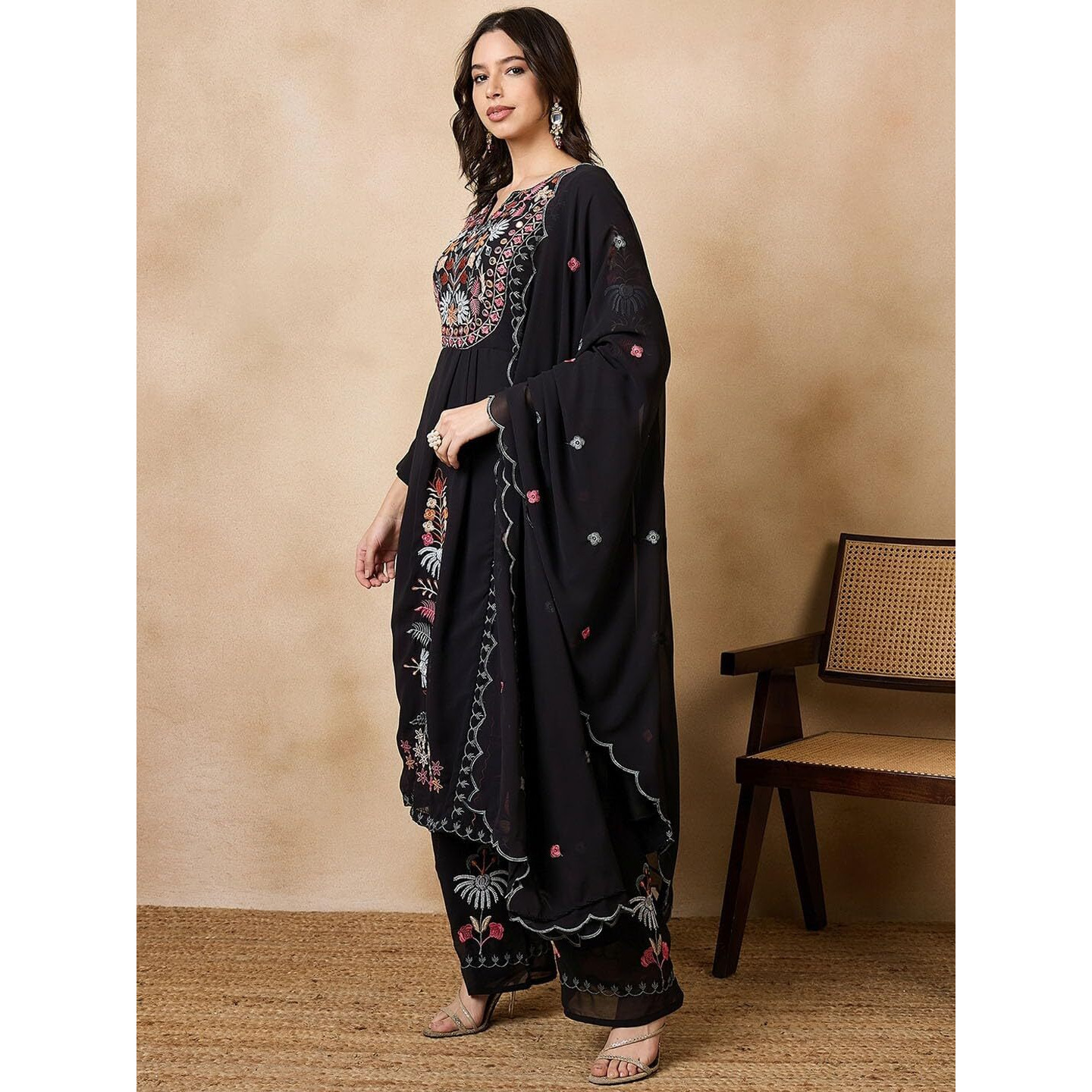 Fashion Basket Georgette Straight Floral Plazzo Kurta Set Black