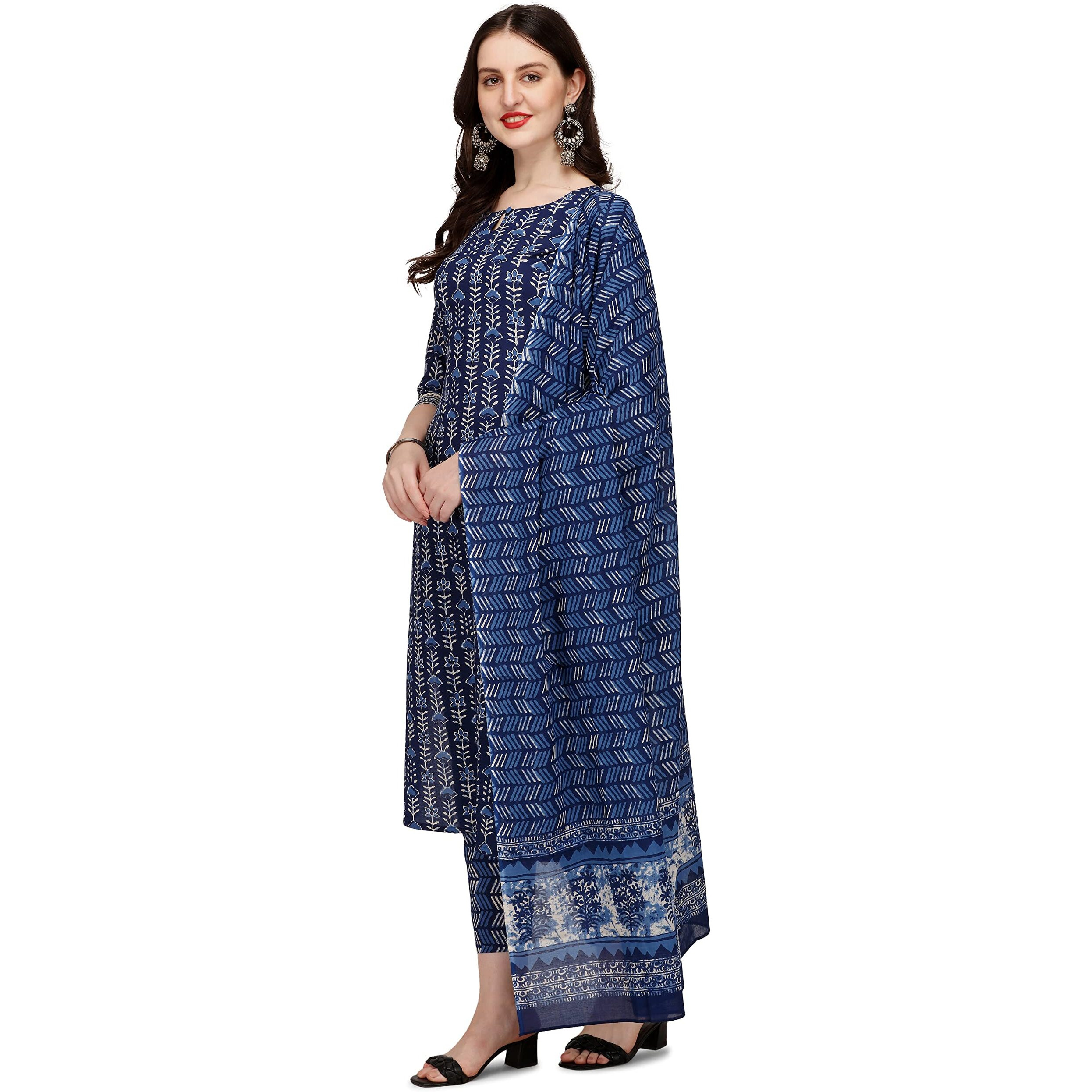 Fiorra Women's Blue Pure Cotton Straight Kurta With Pant And Dupatta Set0049-M