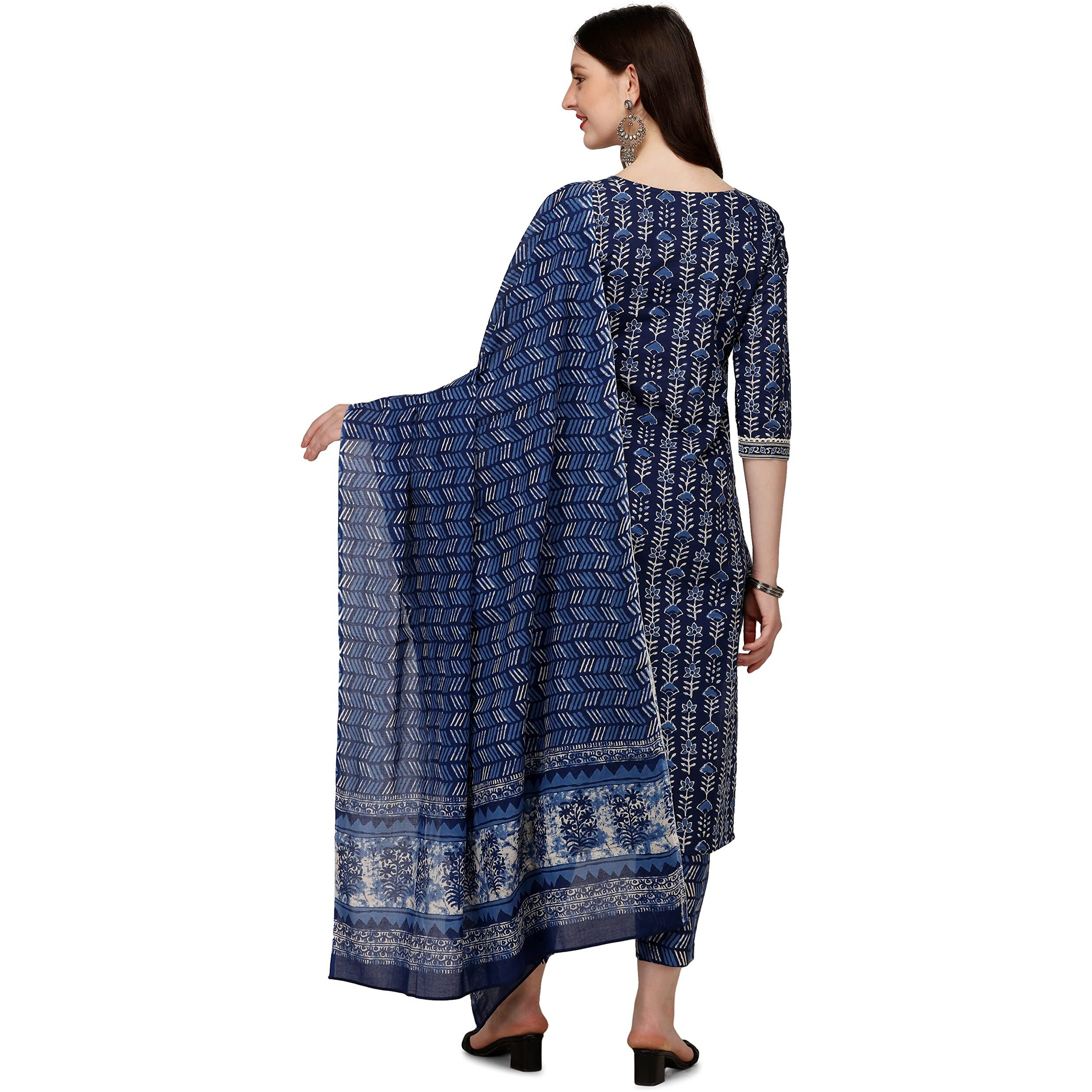 Fiorra Women's Blue Pure Cotton Straight Kurta With Pant And Dupatta Set0049-M