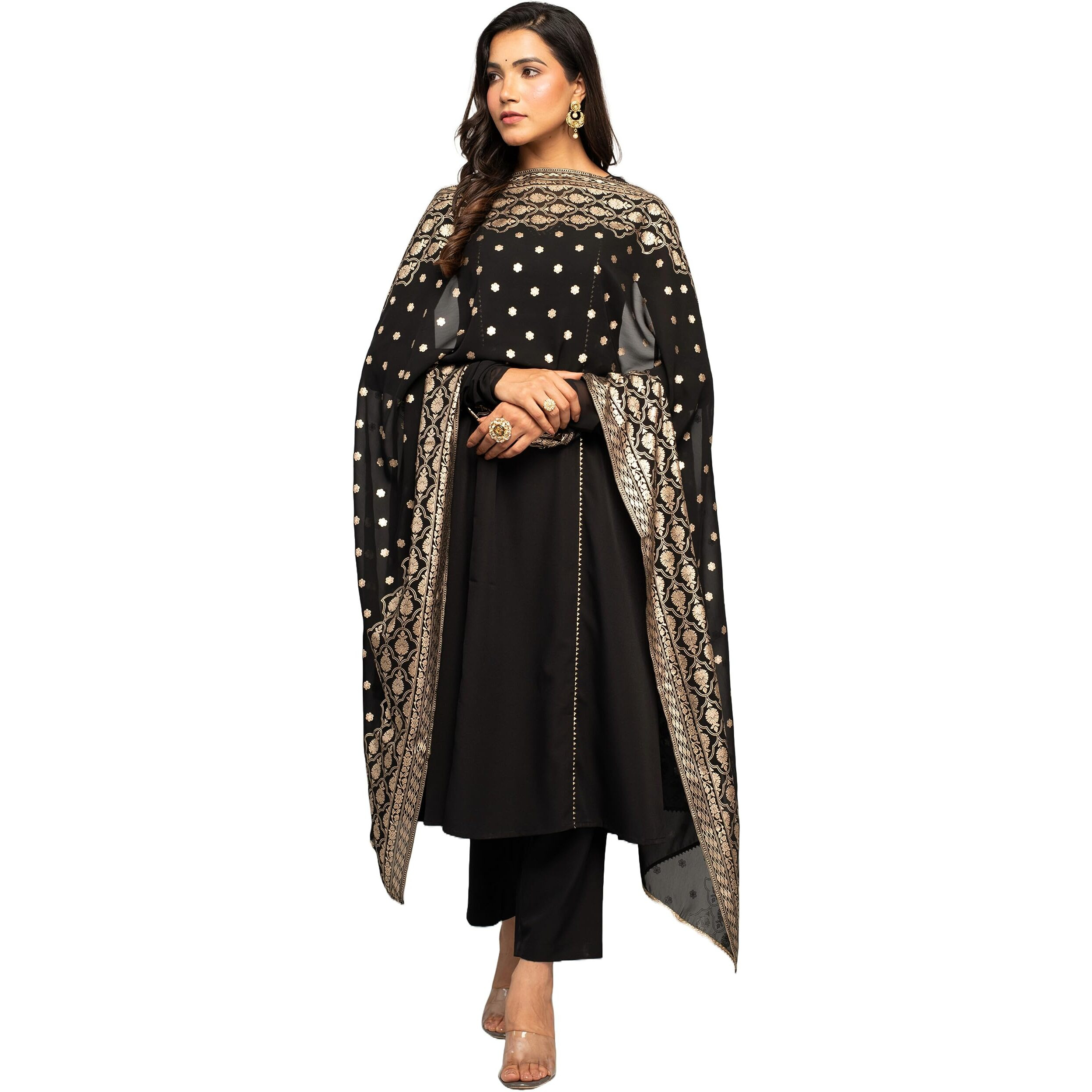 Fiorra Women's Balck Crepe A-Line Kurta With Pant And Dupatta Set0110