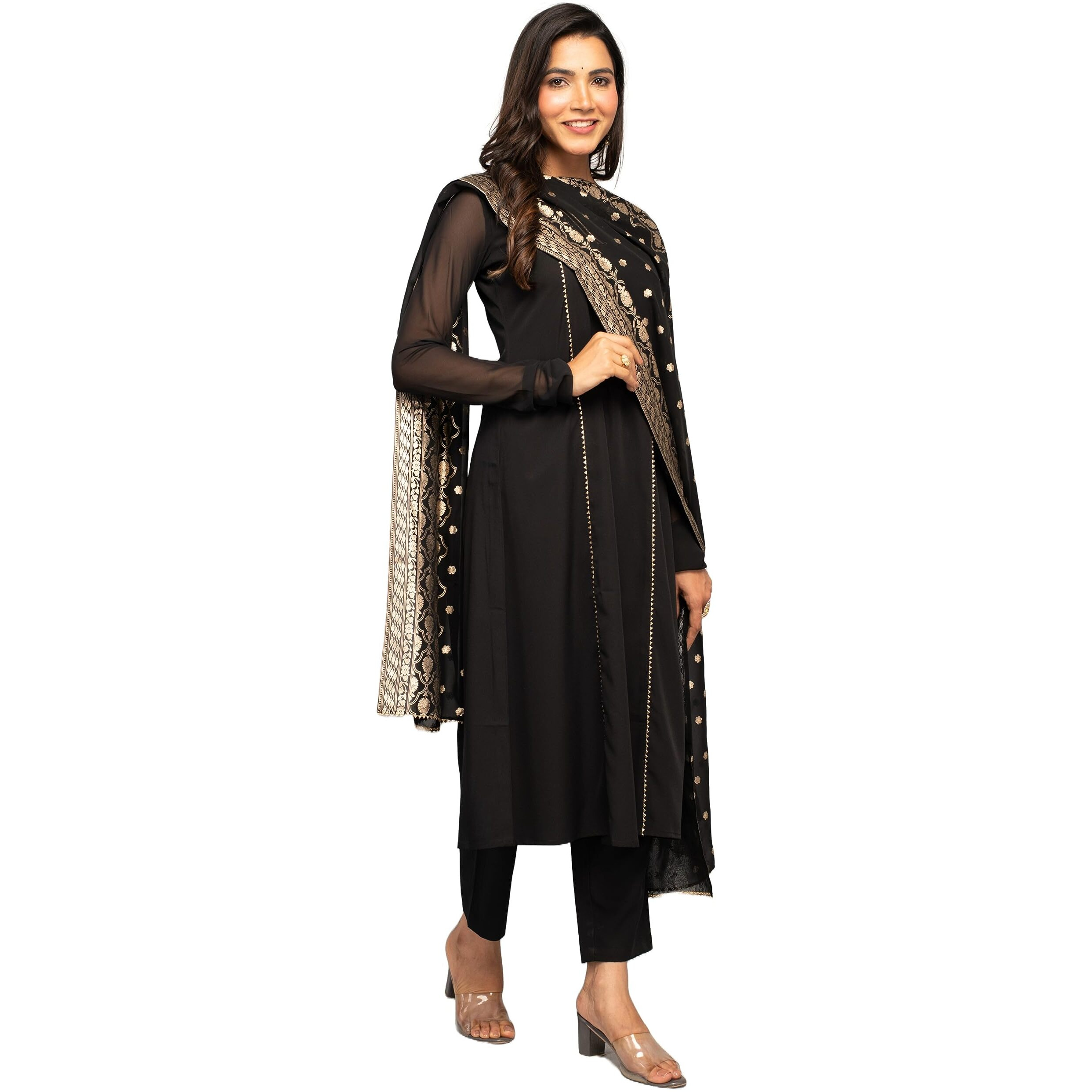 Fiorra Women's Balck Crepe A-Line Kurta With Pant And Dupatta Set0110