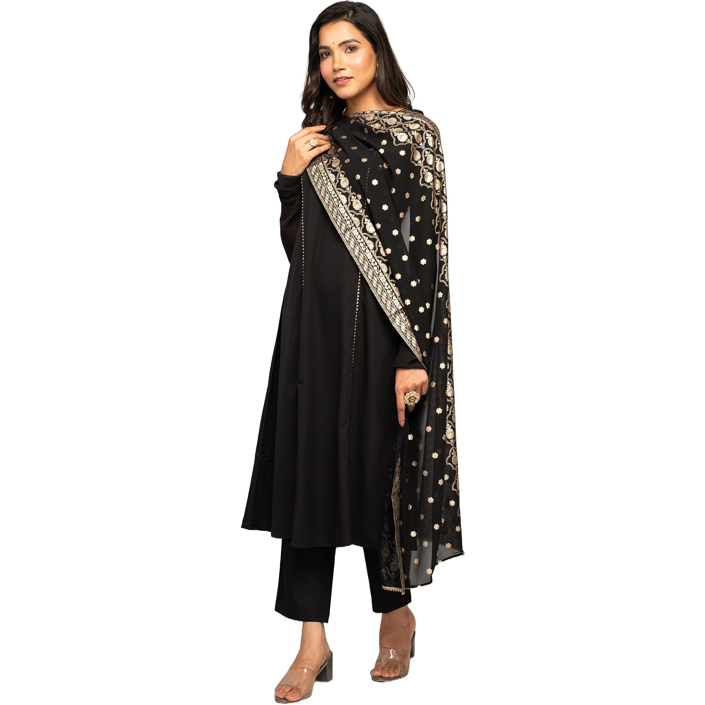 Fiorra Women's Balck Crepe A-Line Kurta With Pant And Dupatta Set0110