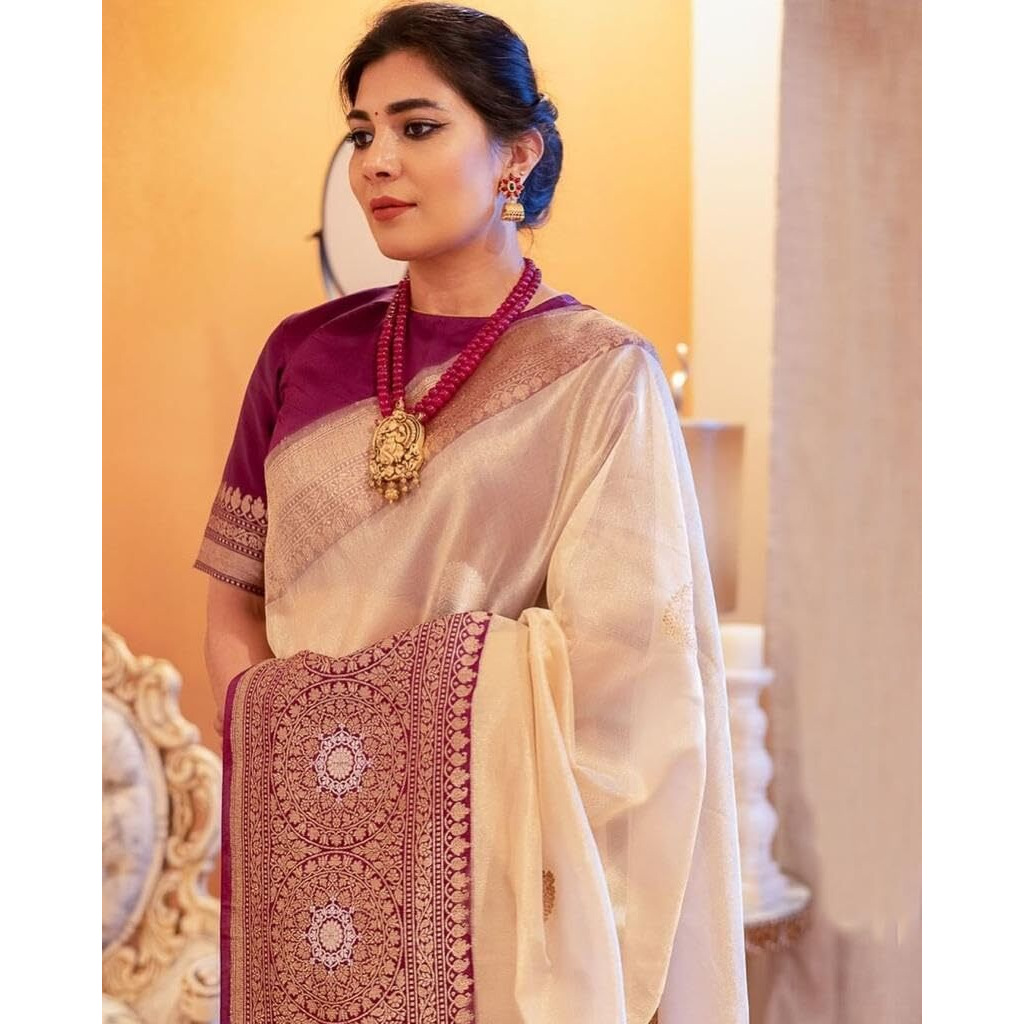 Flosive Women's Saree White & Wine Soft Kanjivaram Silk Saree With Weaving Work