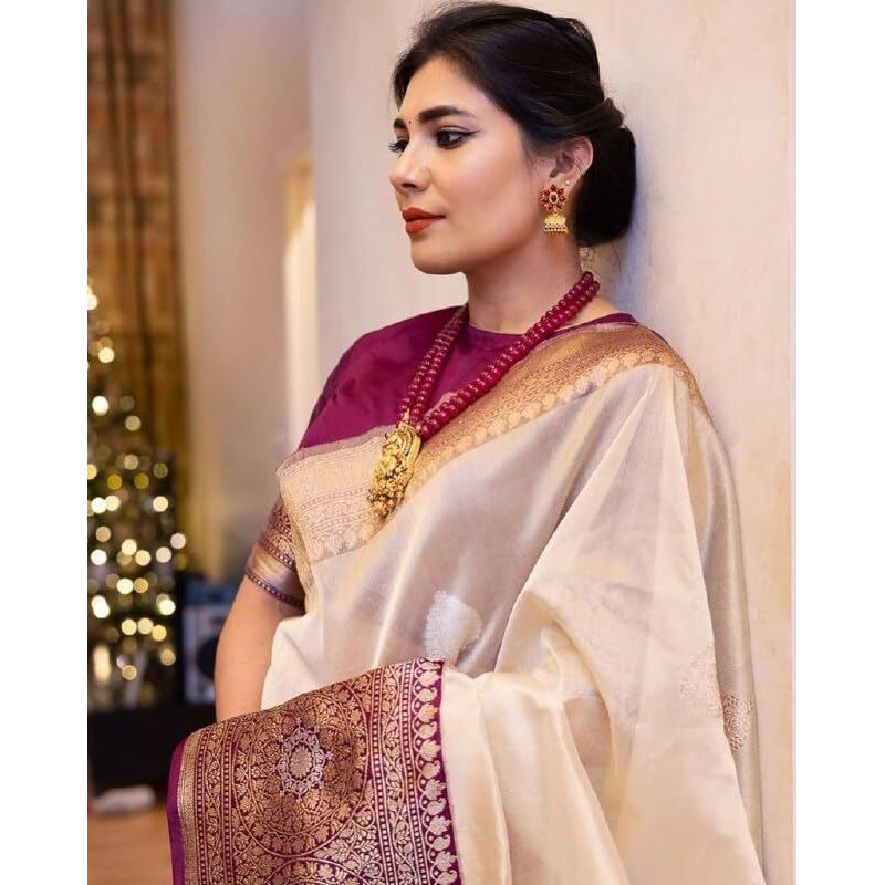 Flosive Women's Saree White & Wine Soft Kanjivaram Silk Saree With Weaving Work