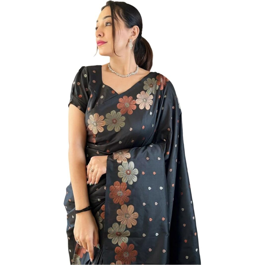 Flosive Women's Woven Kanjivaram Wedding Saree With Blouse And Zari Border (Black)