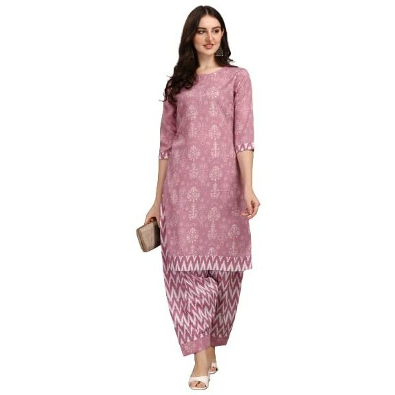 Gufrina Women's Cotton Printed Straight Kurta & Salwar Suit/Pant Set For Girls (Light Purple) Xl
