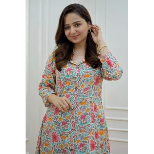 Greciilooks Women's Cotton Blend Floral Regular Fit Kurta Set (Gl-W1836_Multicolor_M)