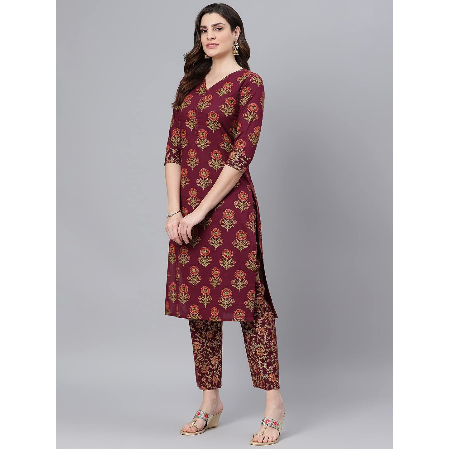 Idalia Women's Maroon Gold Printed Straight Cotton Kurta Set With Pant And Dupatta For Women