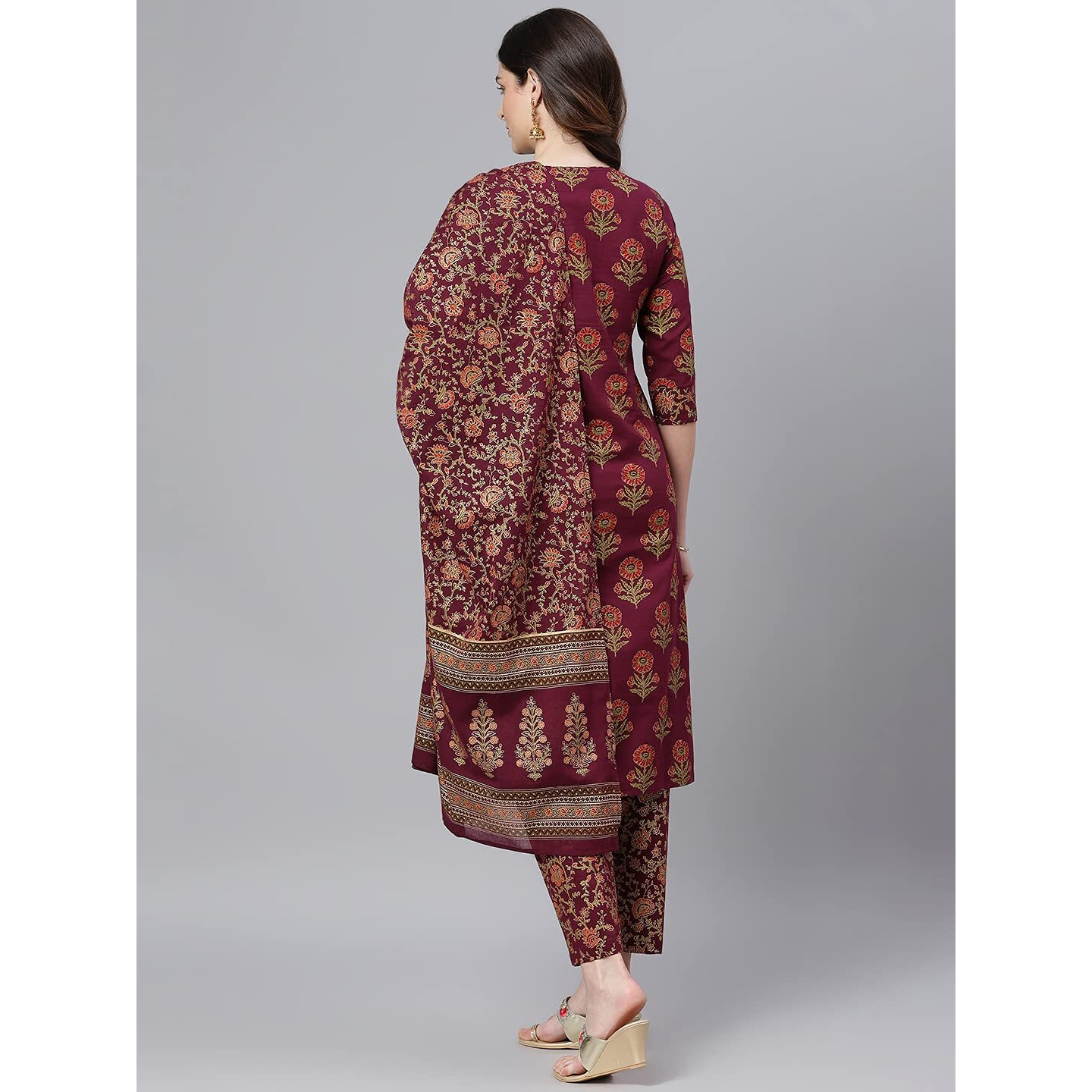 Idalia Women's Maroon Gold Printed Straight Cotton Kurta Set With Pant And Dupatta For Women