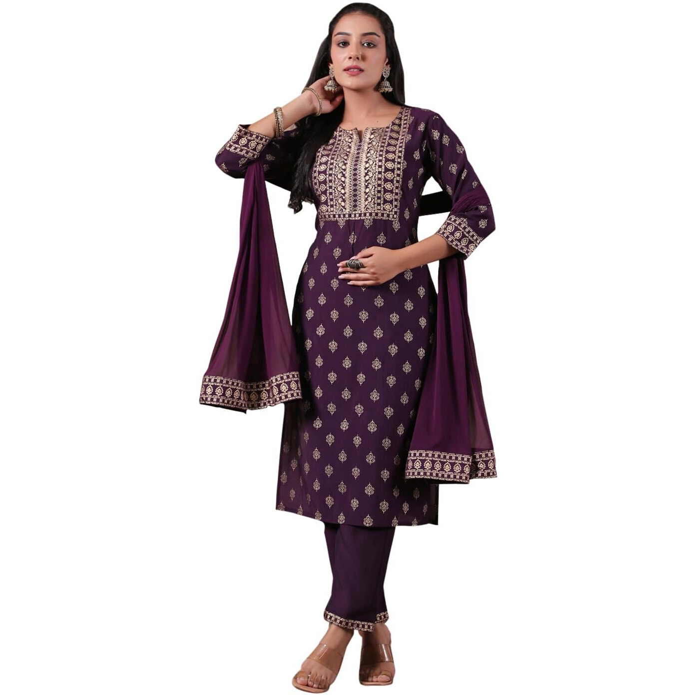 Ishin Women's Silk Blend Ethnic Motifs Ethnic Motifs Foil Printpurple Straight Kurta Suit Set With Trousers And Dupatta