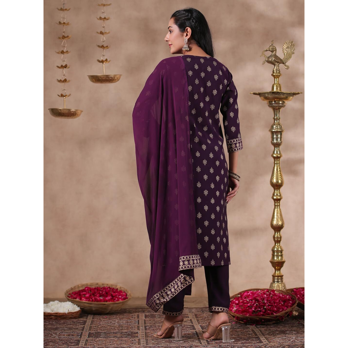 Ishin Women's Silk Blend Ethnic Motifs Ethnic Motifs Foil Printpurple Straight Kurta Suit Set With Trousers And Dupatta