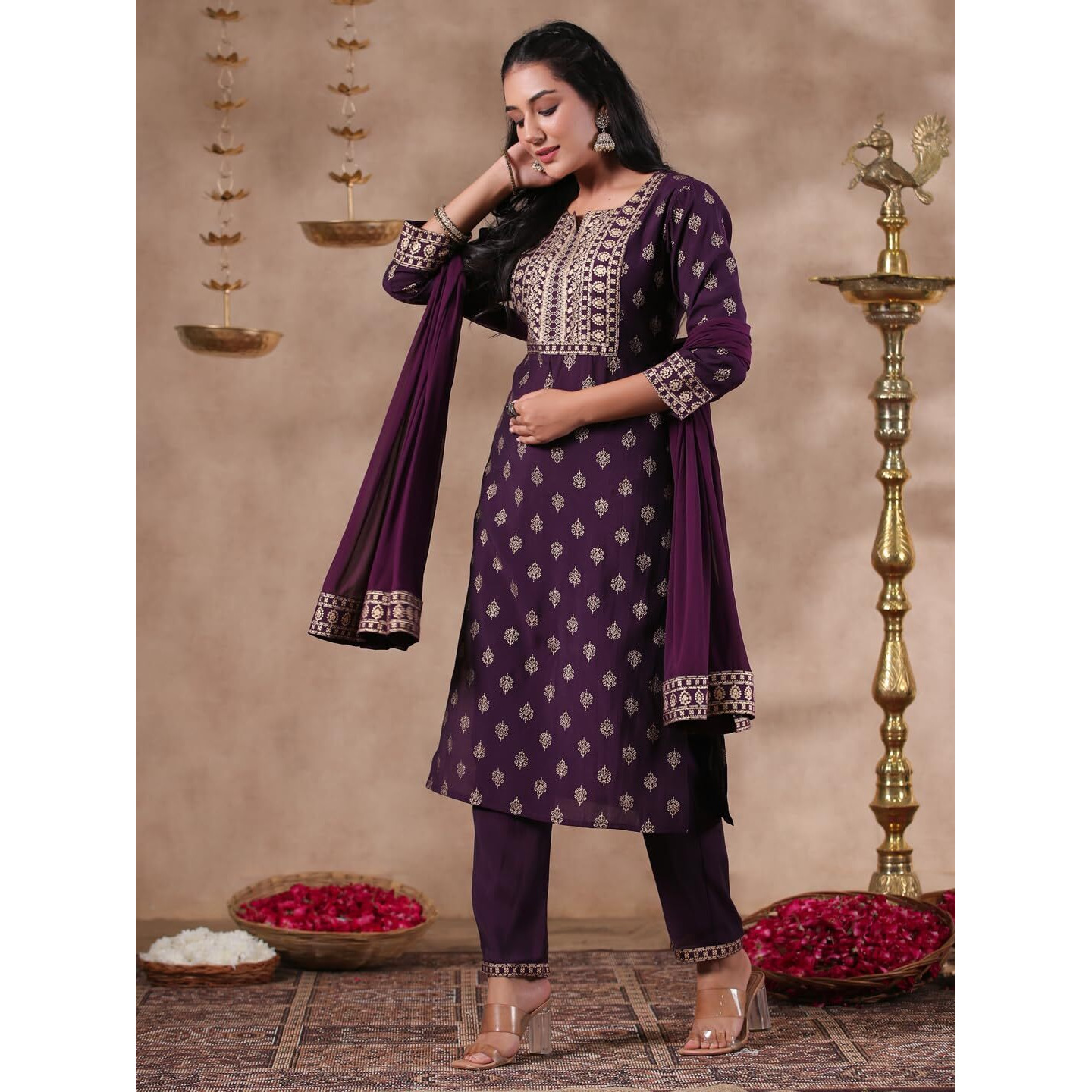 Ishin Women's Silk Blend Ethnic Motifs Ethnic Motifs Foil Printpurple Straight Kurta Suit Set With Trousers And Dupatta