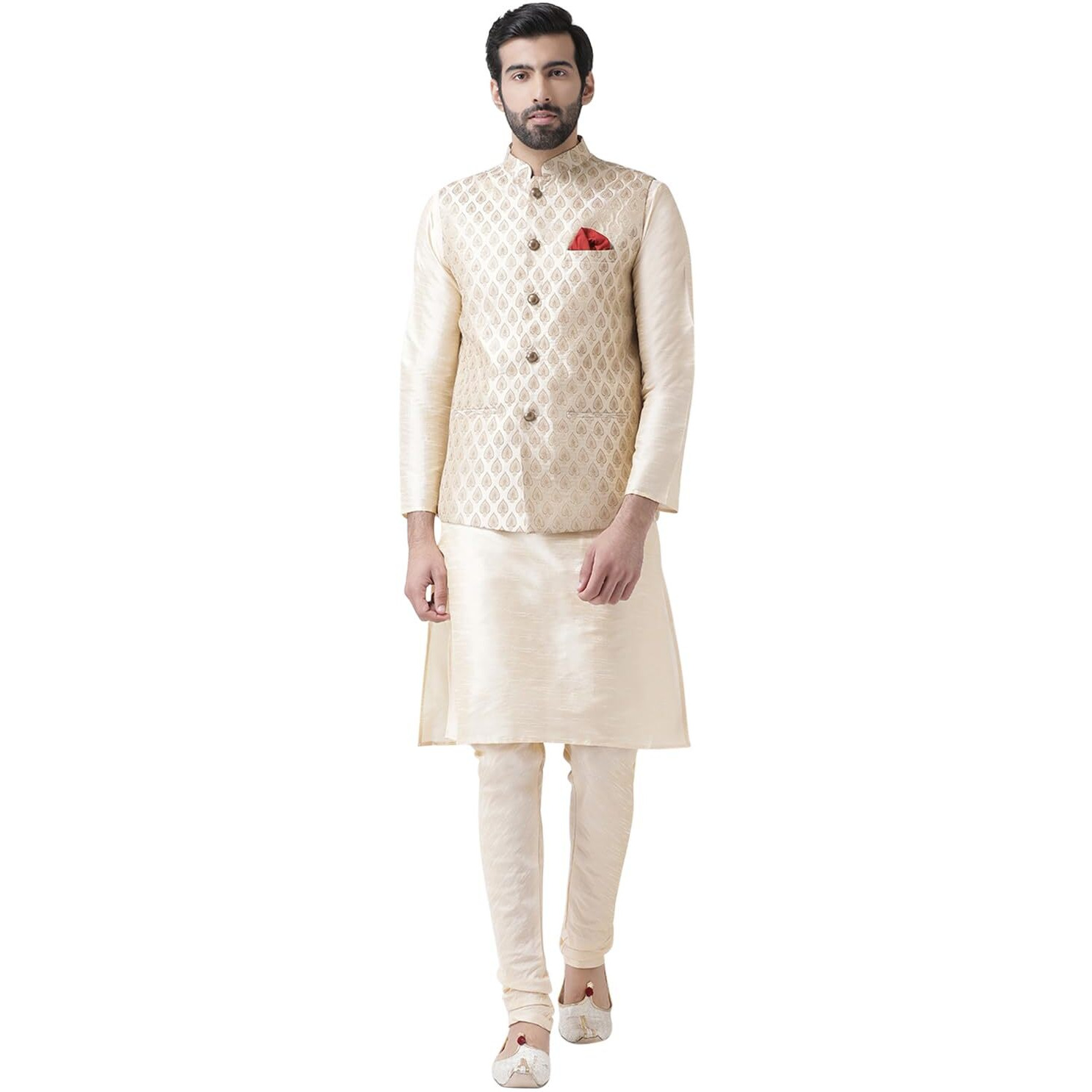 Kisah Men Red Layered Kurta Churidar With Nehru Jacket, Full Sleaves, Knee Length, Straight, Regular Fit, Mandarin Collar Ethnic Wear