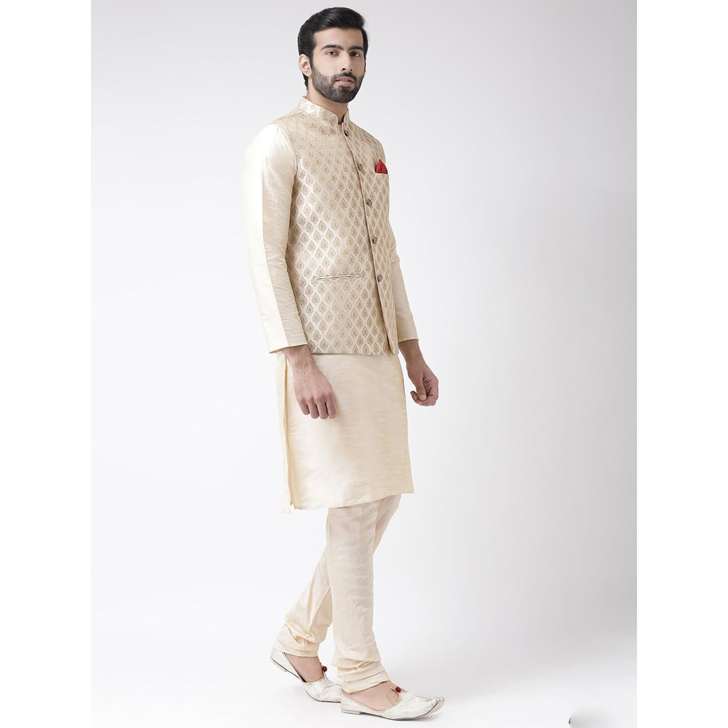 Kisah Men Red Layered Kurta Churidar With Nehru Jacket, Full Sleaves, Knee Length, Straight, Regular Fit, Mandarin Collar Ethnic Wear