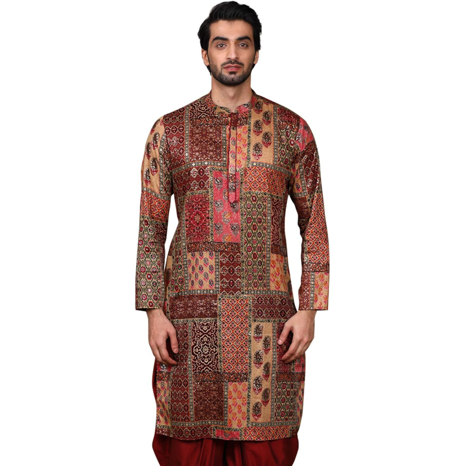 Kisah Men Maroon Kurta, Cotton, Full Sleaves, Knee Length, Straight, Regular Fit, Mandarin Collar Ethnic Wear-38