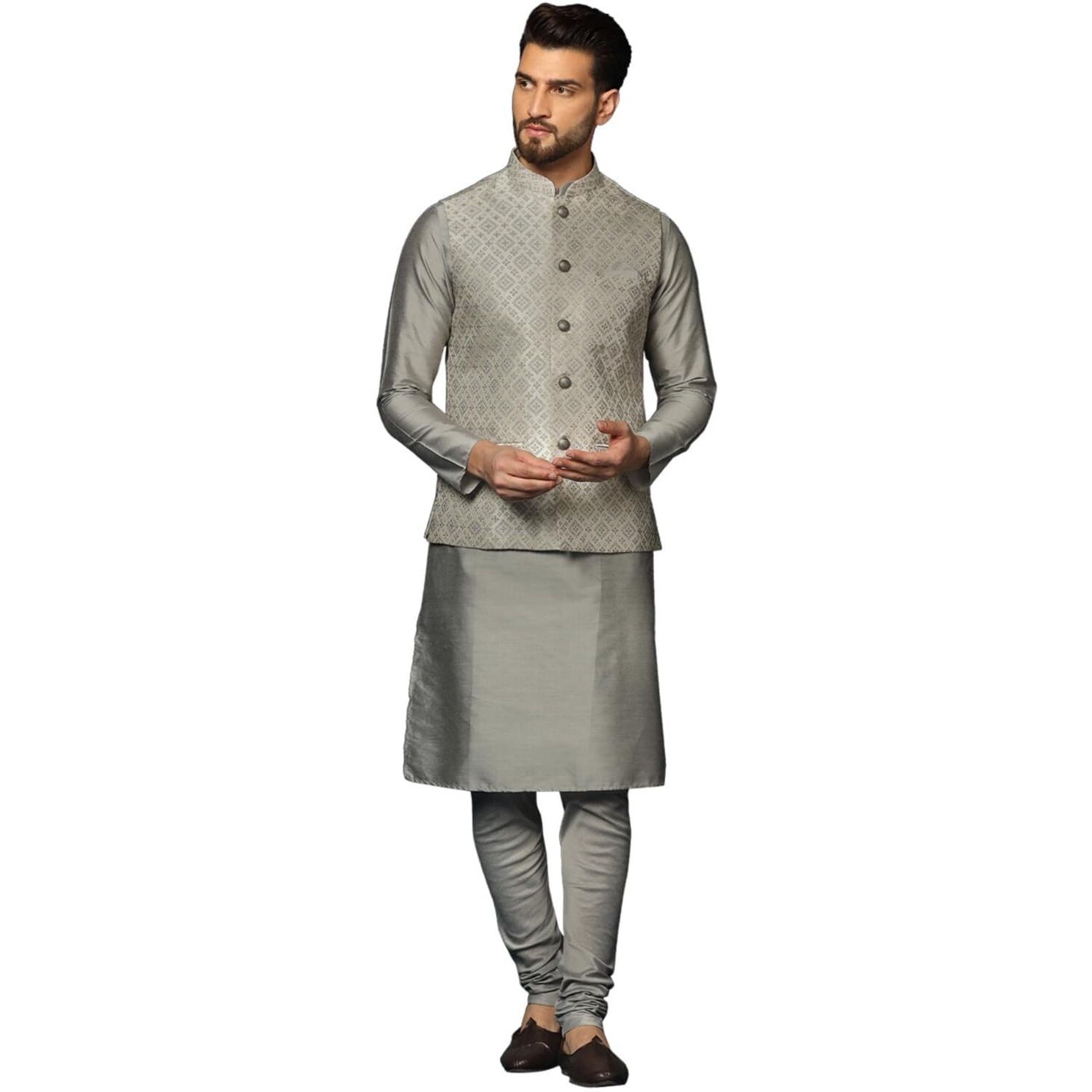 Kisah Men's Silver Kurta Jacket Churidar Set Cotton Blend, Woven Design, Full Sleeves, Straight, Regular Fit, Mandarin Collar Ethnic Casual Wear-40