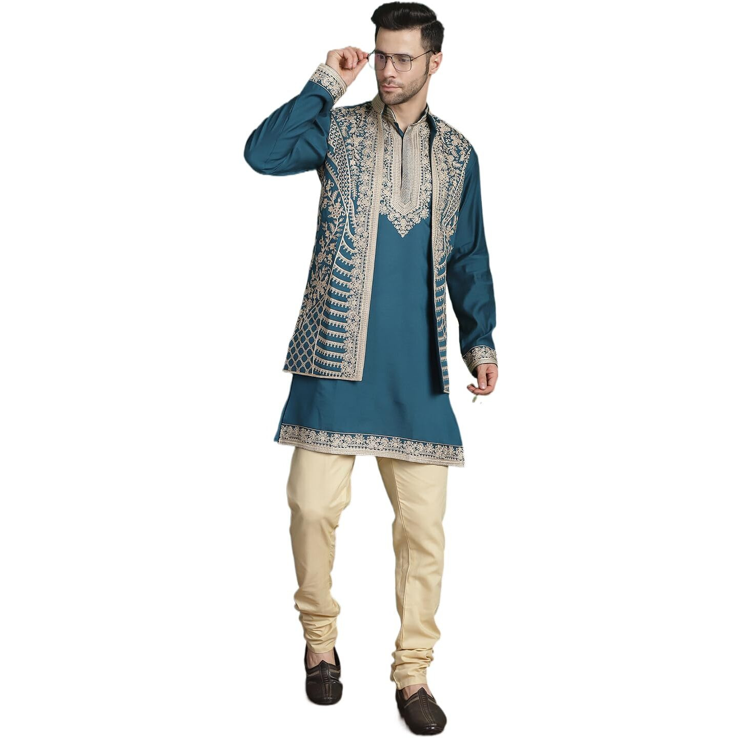 Jompers Men's Peacock Embroidered Waistcoat And Kurta Pyjama. (Peacock, S)