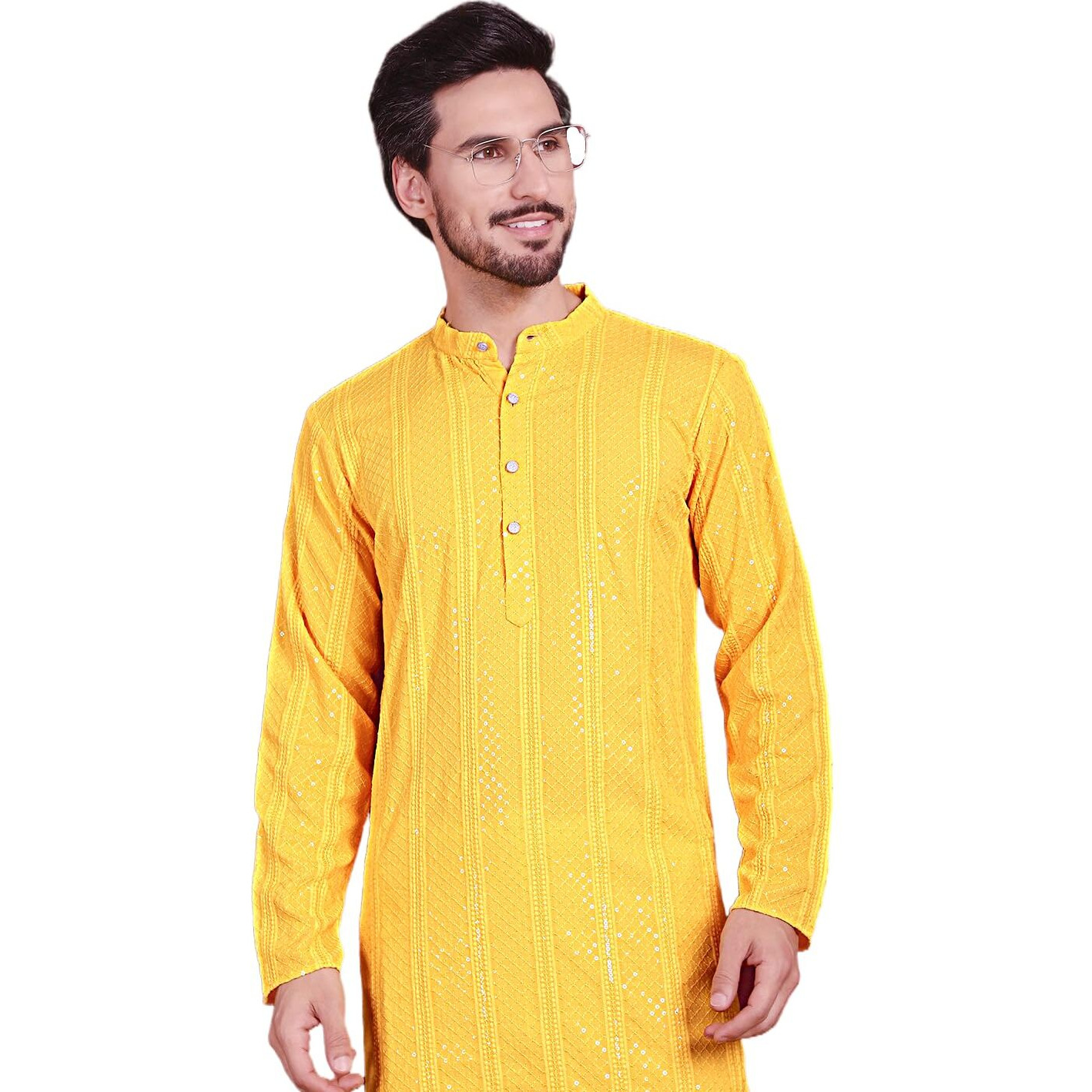 Jompers Men's Sequins Chikankari Embroidered Kurtas (Yellow, L)