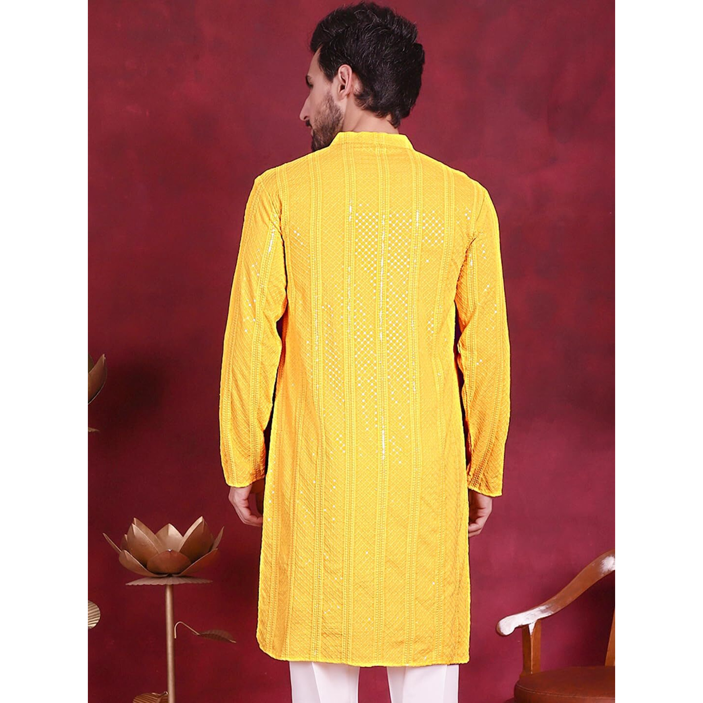 Jompers Men's Sequins Chikankari Embroidered Kurtas (Yellow, L)