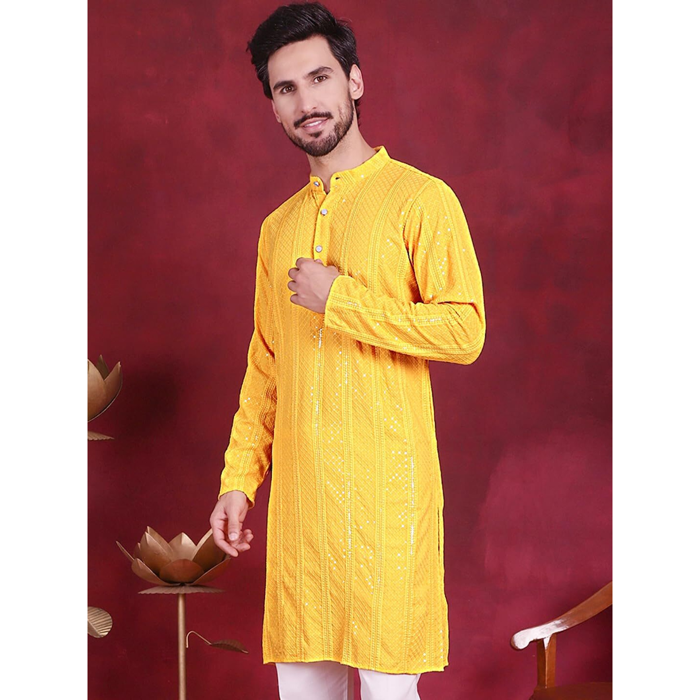 Jompers Men's Sequins Chikankari Embroidered Kurtas (Yellow, L)