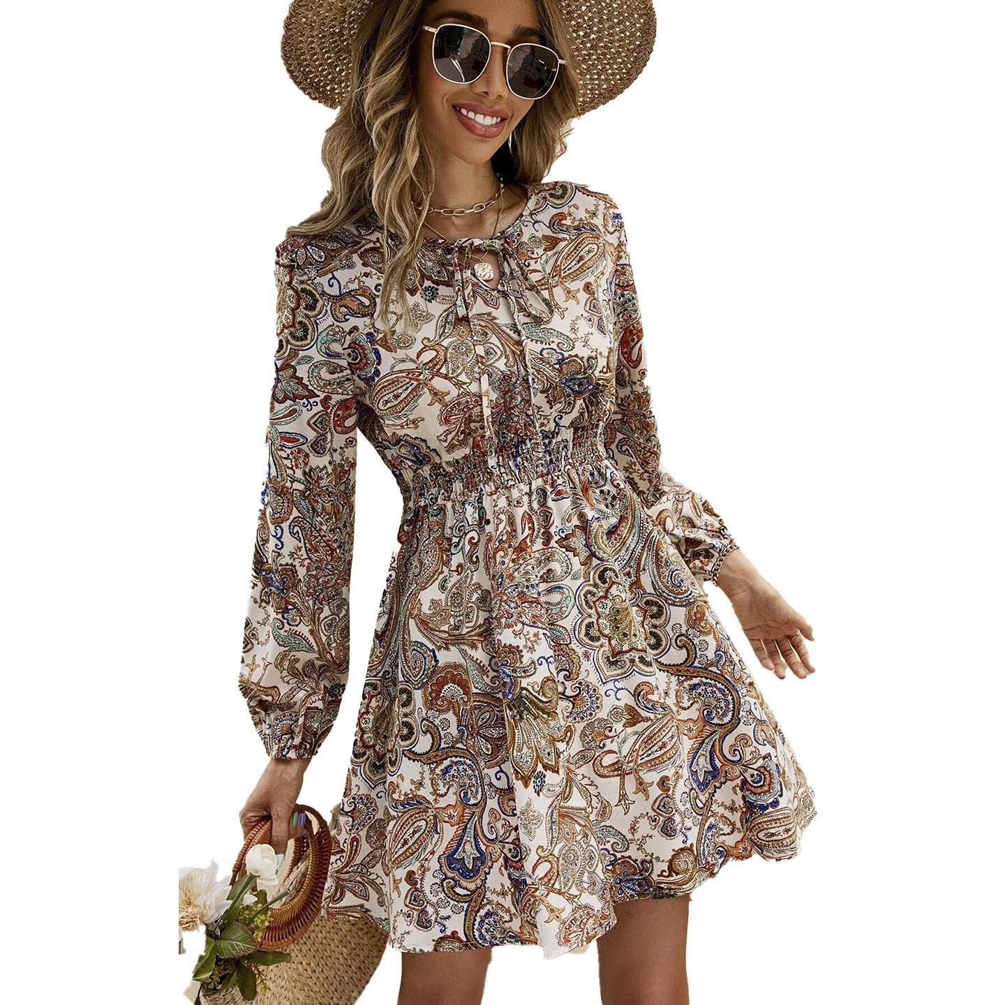 Kotty Womens Polyester Printed Fit And Flared Beige Dress (Multicolored,L)_Kttdress52L