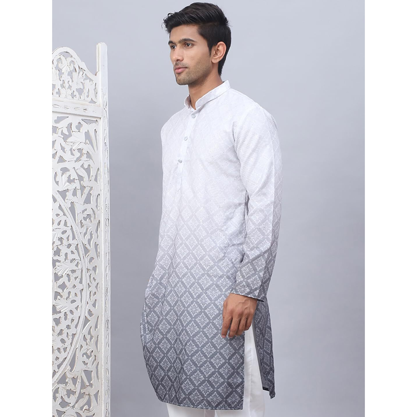 Jompers Grey Men's Ombre Pure Cotton Straight Kurta (Grey, L)