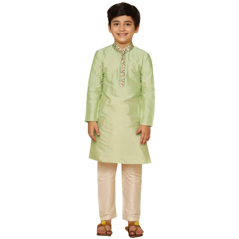 Kisah Kid's Full Sleeves Cotton Blend Knee Length Embroidered Kurta Pajama Set For Boys, Green, 11-12 Years