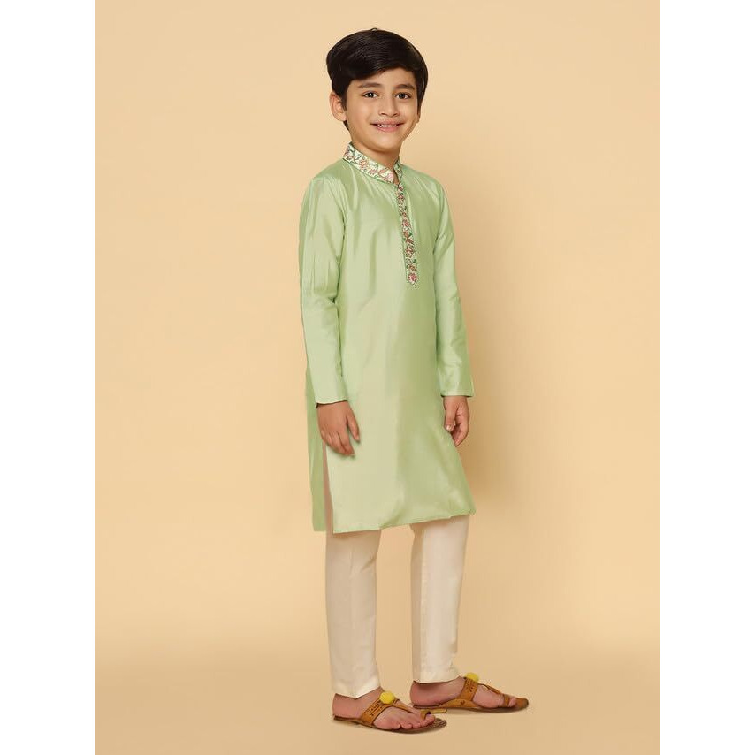 Kisah Kid's Full Sleeves Cotton Blend Knee Length Embroidered Kurta Pajama Set For Boys, Green, 11-12 Years