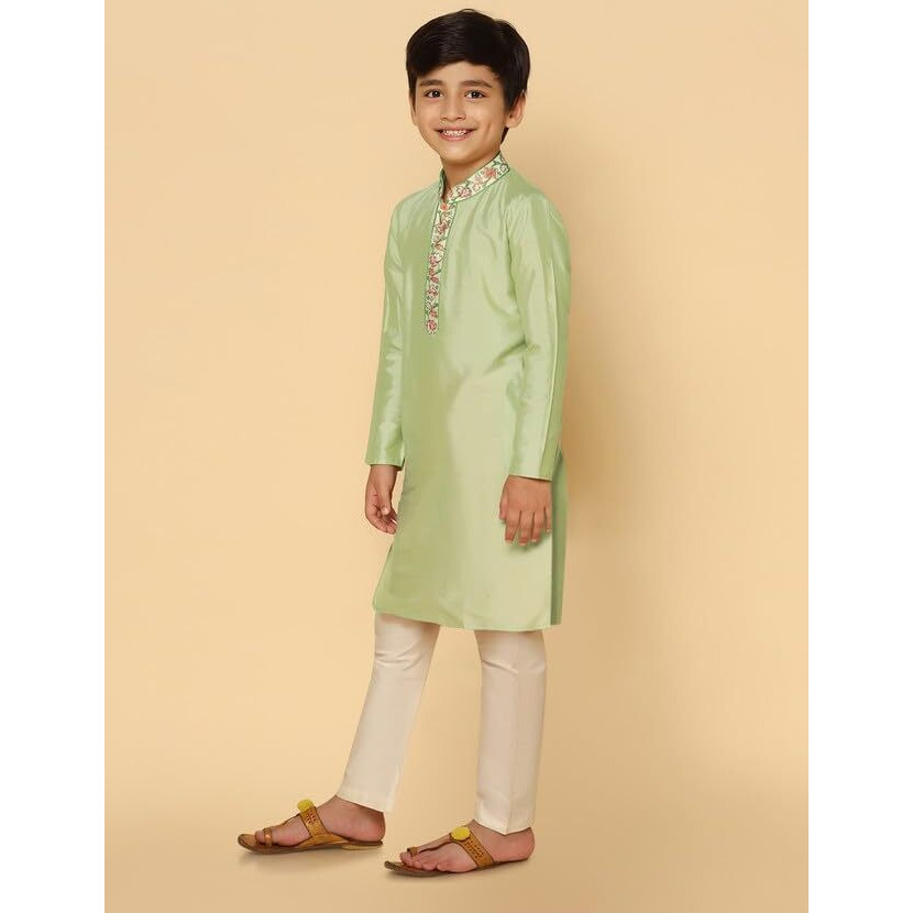 Kisah Kid's Full Sleeves Cotton Blend Knee Length Embroidered Kurta Pajama Set For Boys, Green, 11-12 Years