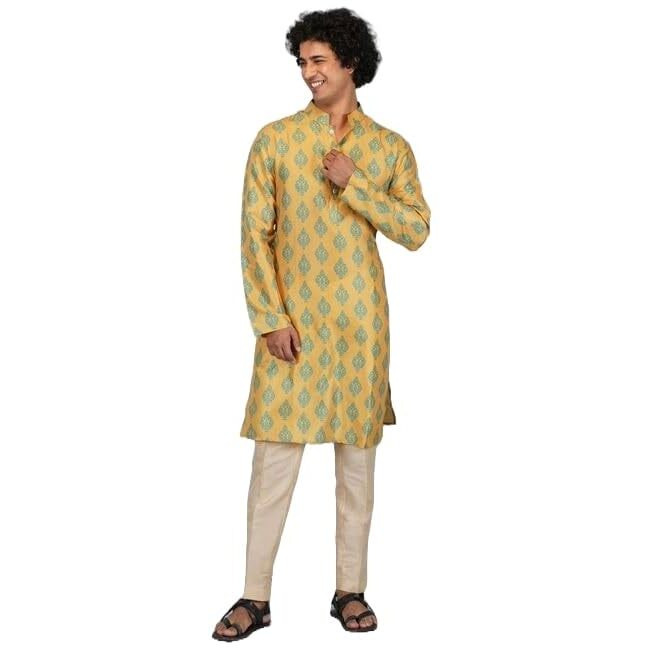 Lookmark Men's Cotton Blend Printed Long Kurta Suitable For All Indian Wedding, Occasions, And Festivals (Az-Lm-Og-Kurta 18-L) Gold