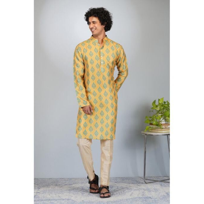 Lookmark Men's Cotton Blend Printed Long Kurta Suitable For All Indian Wedding, Occasions, And Festivals (Az-Lm-Og-Kurta 18-L) Gold