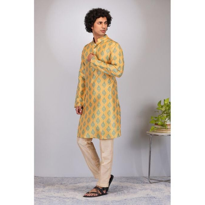 Lookmark Men's Cotton Blend Printed Long Kurta Suitable For All Indian Wedding, Occasions, And Festivals (Az-Lm-Og-Kurta 18-L) Gold
