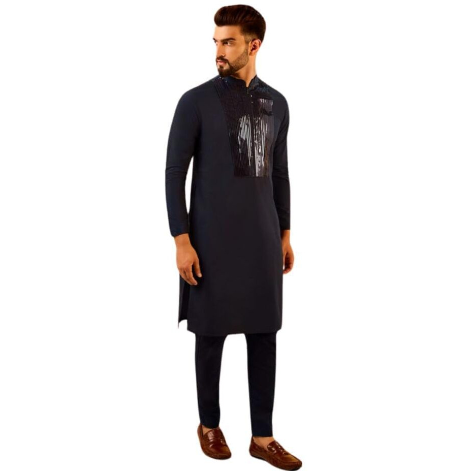 Kisah Men's Kurta, Navy Blue Cotton, Embellished Regular Fit Long Sleeves Mandarin Collar (S)