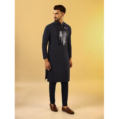 Kisah Men's Kurta, Navy Blue Cotton, Embellished Regular Fit Long Sleeves Mandarin Collar (S)