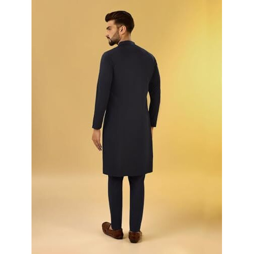 Kisah Men's Kurta, Navy Blue Cotton, Embellished Regular Fit Long Sleeves Mandarin Collar (S)