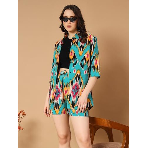 Kzully Rayon | Co-Ord Set With Two-Piece Dress, Top, Shorts | Floral Casual Co-Ordination | Full Pair Set | Fancy Full Pair Set | Long Sleeve Shirt And Shorts | Co-Ord Sets For Women, Green