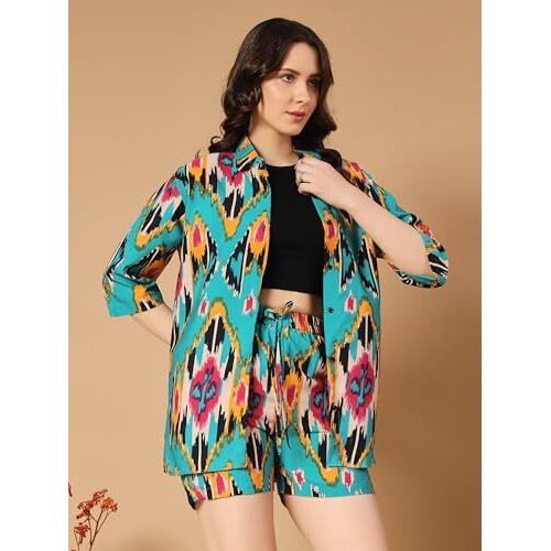 Kzully Rayon | Co-Ord Set With Two-Piece Dress, Top, Shorts | Floral Casual Co-Ordination | Full Pair Set | Fancy Full Pair Set | Long Sleeve Shirt And Shorts | Co-Ord Sets For Women, Green
