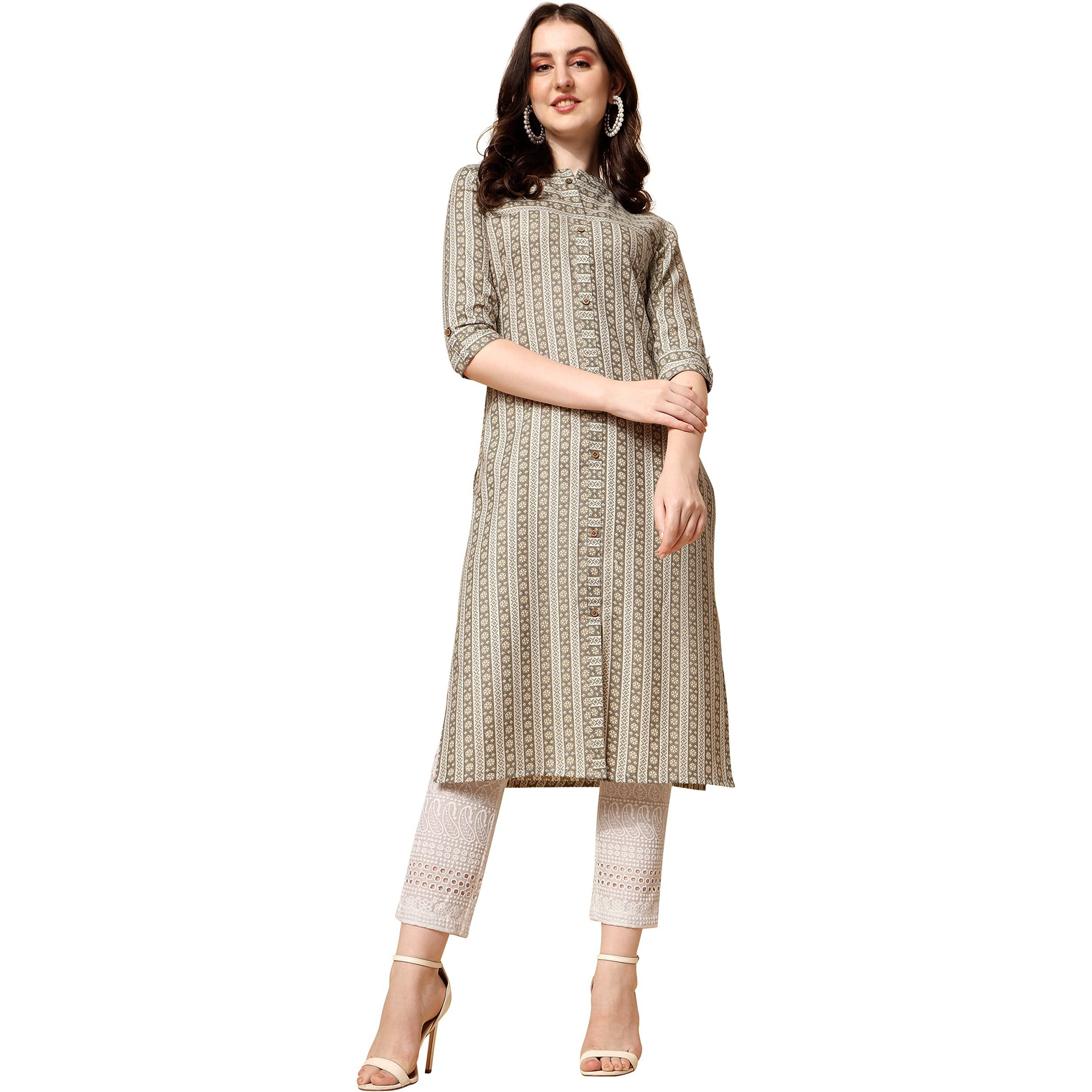 Nainvish Women's Cotton Blend Straight Mandarin/Chinese Neck Printed Kurta (Sd419_K-L_Yellow)