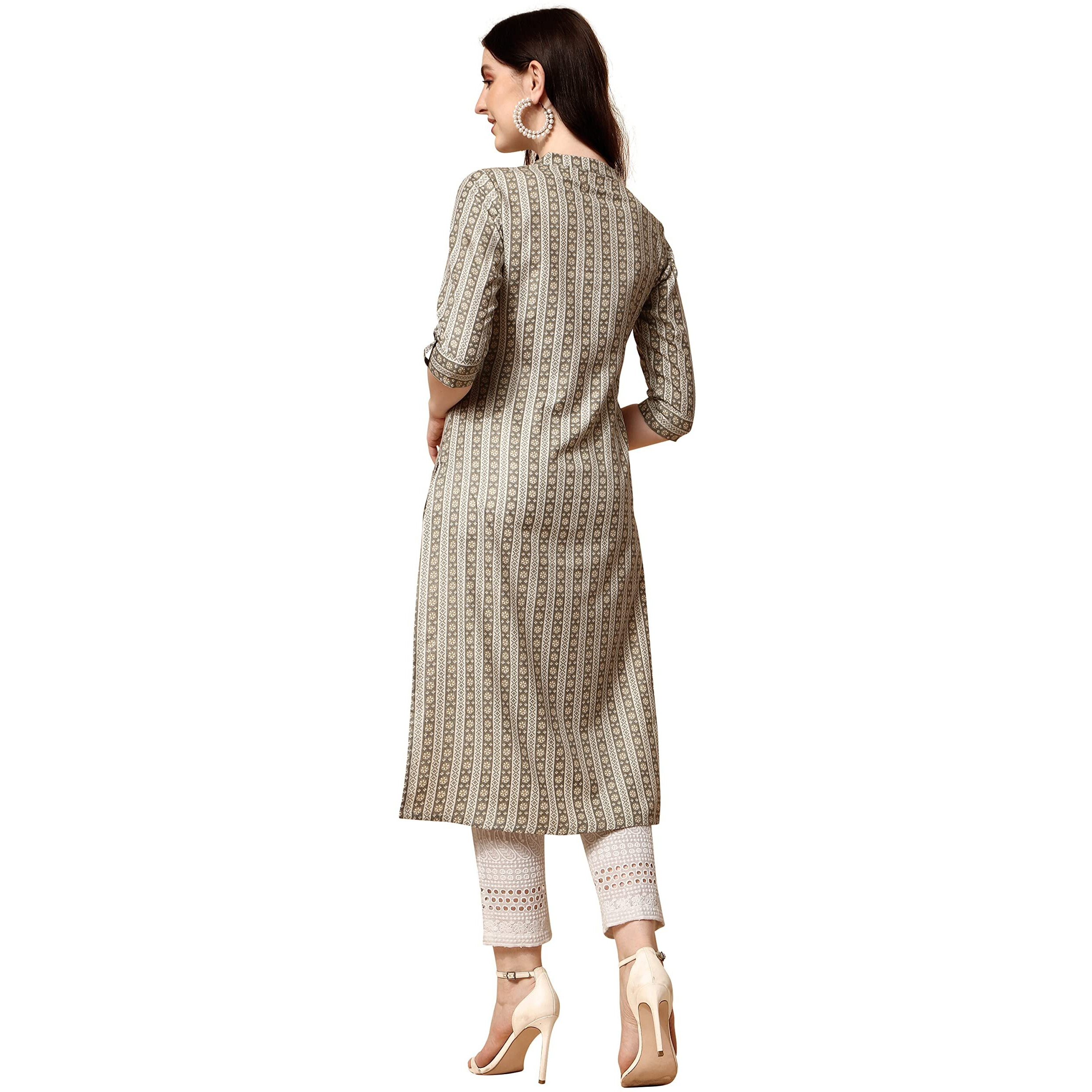 Nainvish Women's Cotton Blend Straight Mandarin/Chinese Neck Printed Kurta (Sd419_K-L_Yellow)